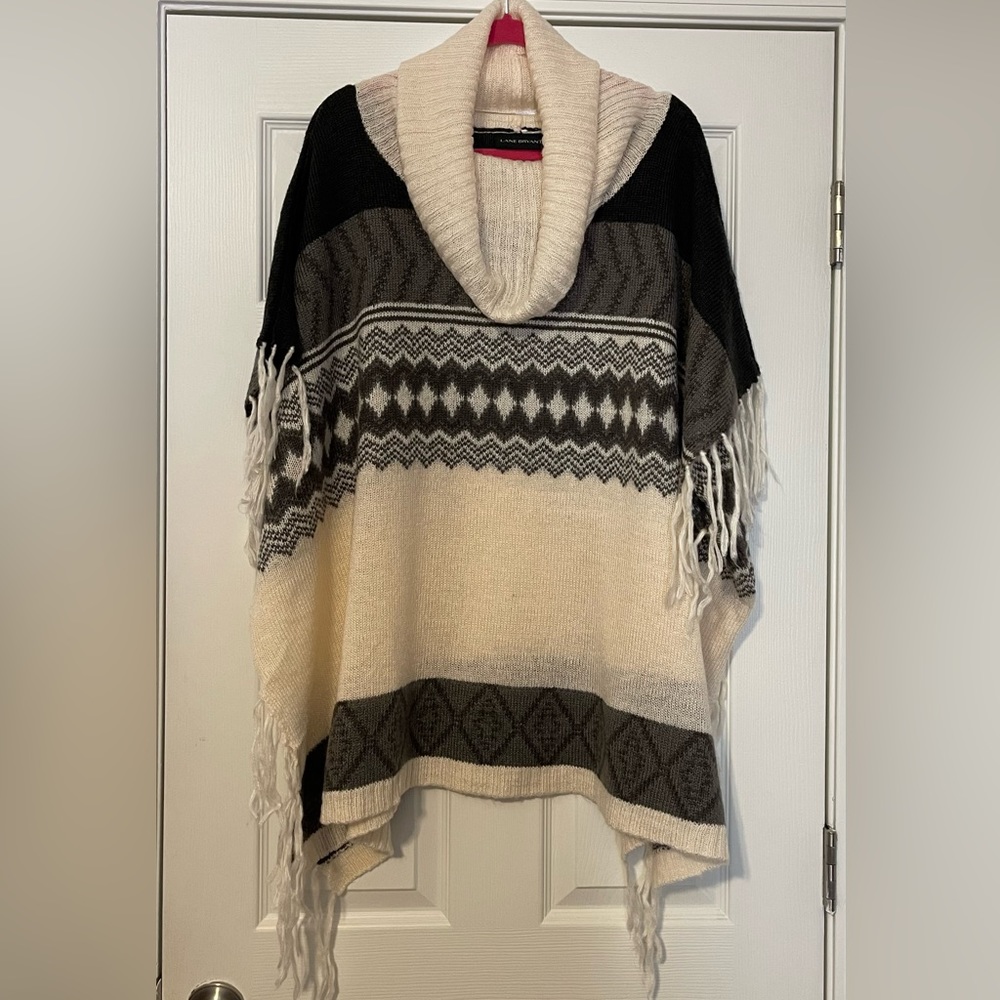 Cream/grey sweater poncho. On hanger for photos only, stored flat.